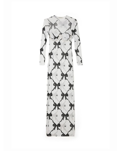 Milkwhite - Maxi Printed Mesh Dress with Crystal Details Milkwhite - Maxi Printed Mesh Dress with Crystal Details