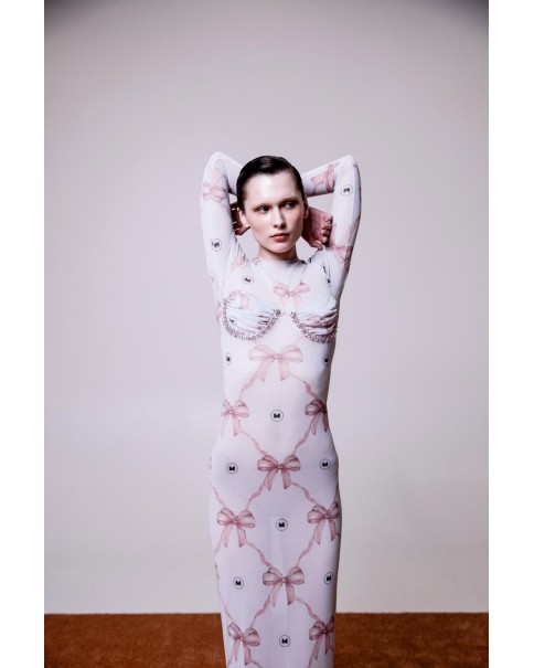 Milkwhite - Maxi Printed Mesh Dress with Crystal Details Milkwhite - Maxi Printed Mesh Dress with Crystal Details