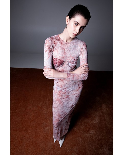 Milkwhite - Maxi Printed Mesh Dress with Crystal Details Milkwhite - Maxi Printed Mesh Dress with Crystal Details