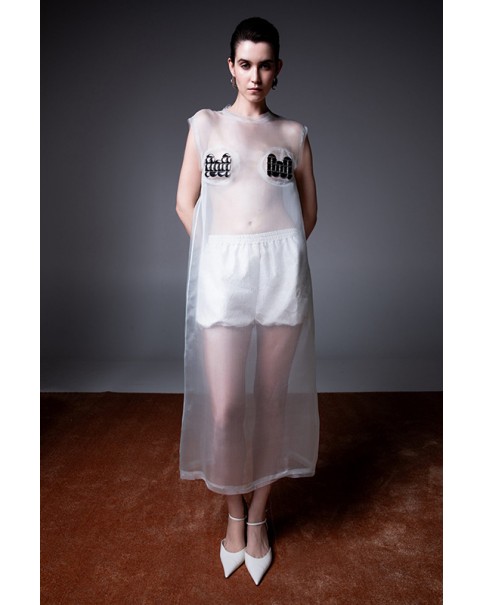Milkwhite - Midi Organza Dress with Logo Patches Milkwhite - Midi Organza Dress with Logo Patches