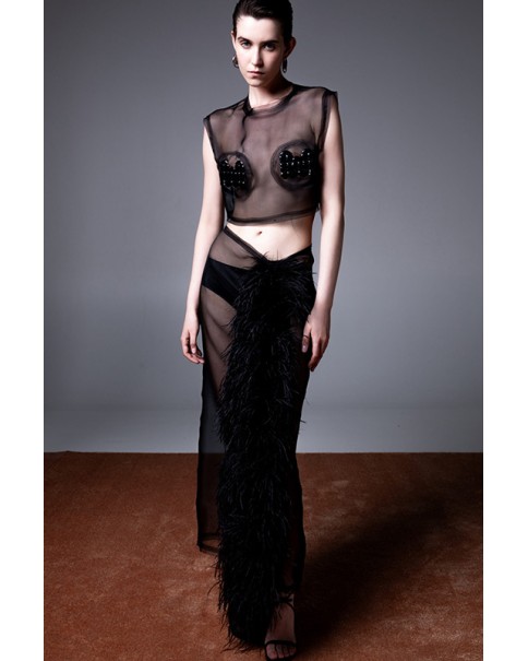 Milkwhite - Midi Organza Skirt with Feathers